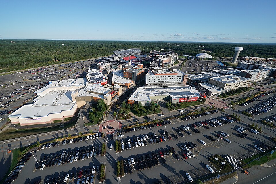 Aerial view of Gillette Stadium, Patriot Place and the surrounding parking lots in Foxborough.